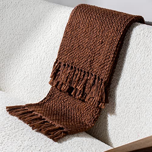 furn. Hoem Morni Woven Fringed Throw - Soft Textured Yarn Blend with Tasselled Trim (Chestnut - 130 x 180 cm) - Image 3