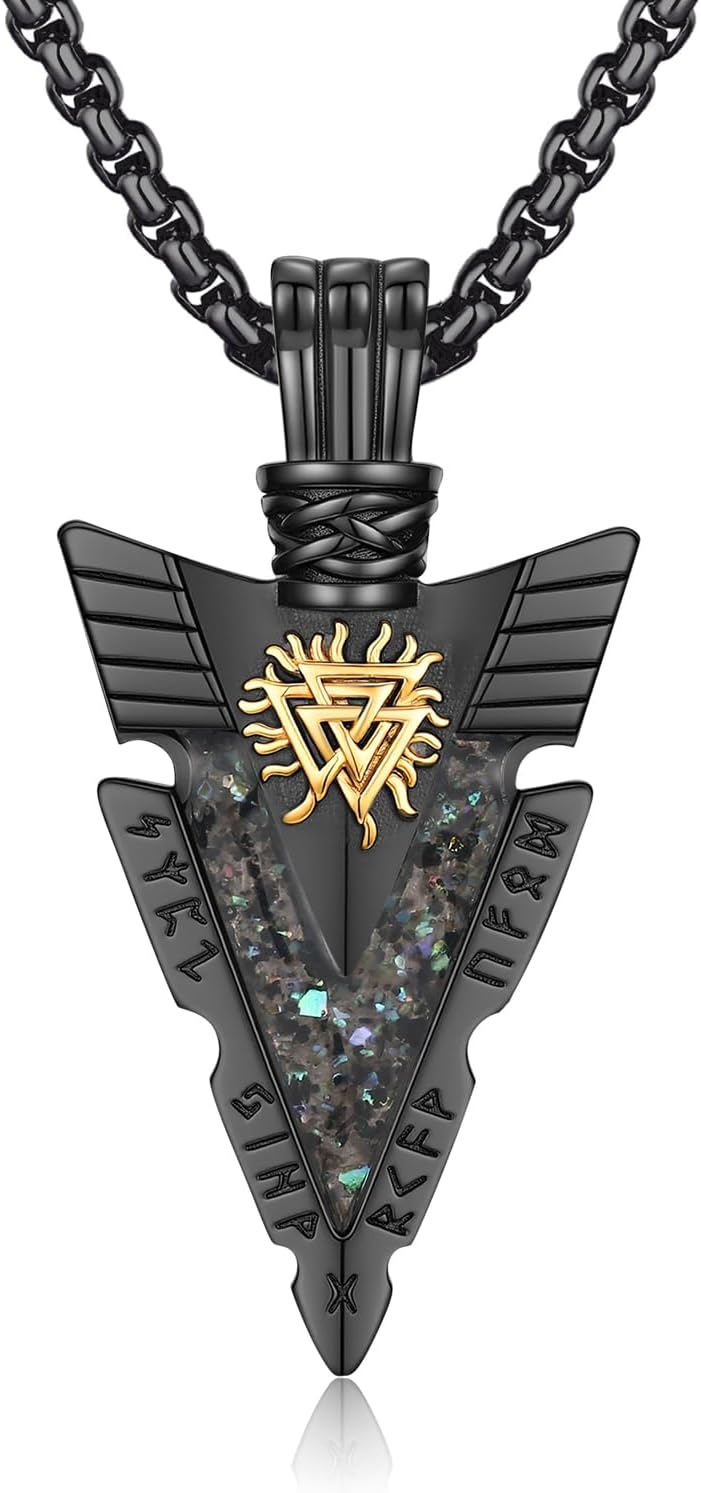 MEDWISE Viking Arrow Necklace Black for Men S925 Sterling Silver Valknut with Abalone Shell Arrowhead Necklace Pendant Norse Black Jewelry Gifts for Men Women Father Husband Friend Birthday Gifts