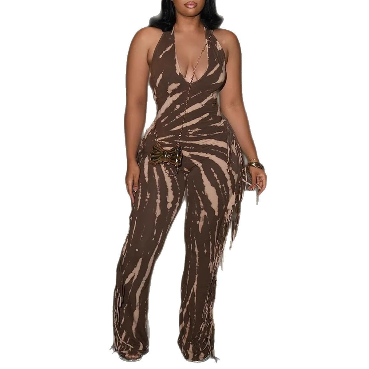 Casual Jumpsuits Sleeveless Fringe Side Legging Backless One Piece Jumpsuits for Women-image-6