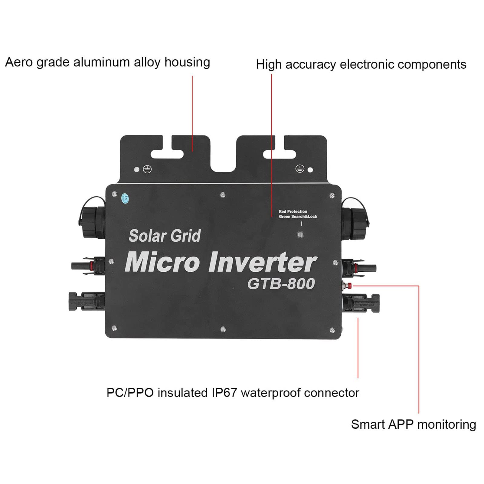 Inverter A Griglia 600/800W,Micro Inverter Solare Impermeabile Ip65,Micro Inverter in Lega di Alluminio,Impermeabile Ip65 MPPT Dc22-50V Pv Input AC 110/220V Output Pannello Solare,800W-220V