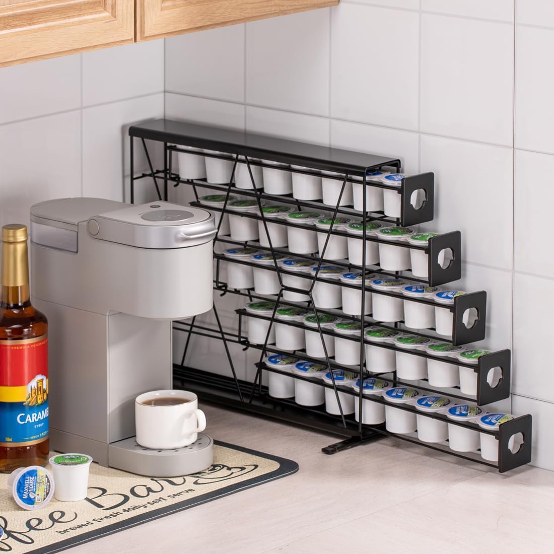 FlagShip 5-Tier Corner Coffee Pod Organizer for K Cup - 40 Capsules Metal Storage, Space-Saving Kitchen Countertop Rack Wall Mountable