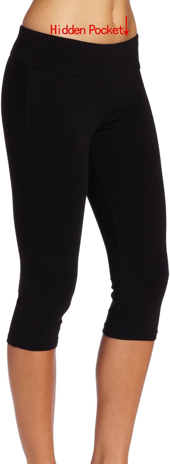 Women's Audel Cotton Yoga Capris Pants Tummy Control Workout Running Leggings 4 Way Stretch L Black
