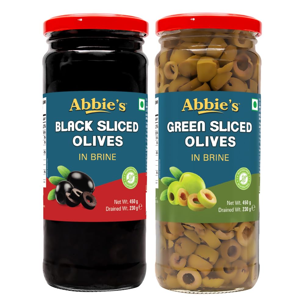 Black Sliced Olives (450 g) + Green Sliced Olives (450 g), Pack of 1 Each, for Authentic Taste in Cooking, Snacking, Pizzas toppings or Italian Pastas Ingredient