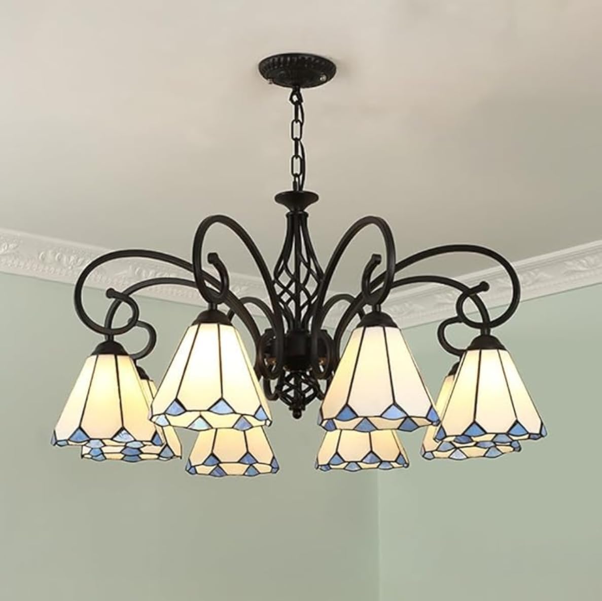 Modern Tiffany Style Chandelier White Stained Glass Chandeliers Cone Shape Glass Pendant Light 3 Lights Dining Room Hanging Lamp