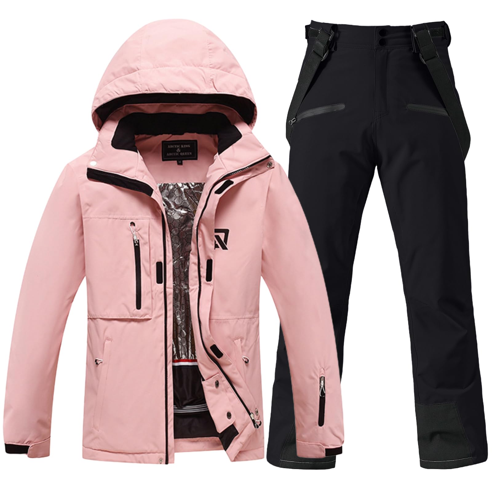 HOUZONIY Tuta da neve da donna, da sci e pantaloni da sci, impermeabile, calda, con cappuccio rimovibile, per sci, snowboard