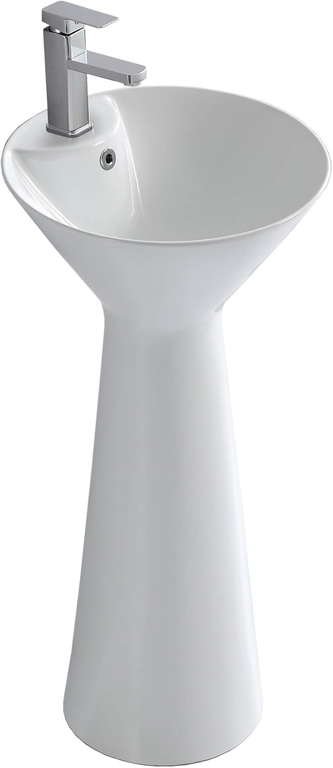 Fine Fixtures Pyramid Pedestal, Elegant One Piece Pedestal Sink, Center Faucet Hole, Vitreous China, White