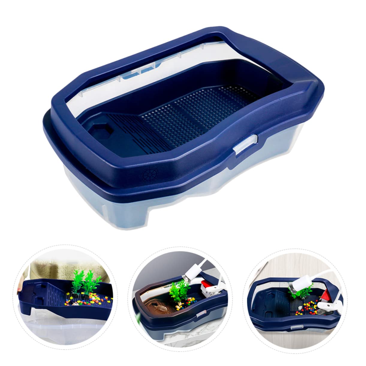 minkissy Terrario Resistencia al Desgaste y Rotura para Tortugas de Alimentación Tanque Doble de Plástico Azul Área para Comer y Nadar