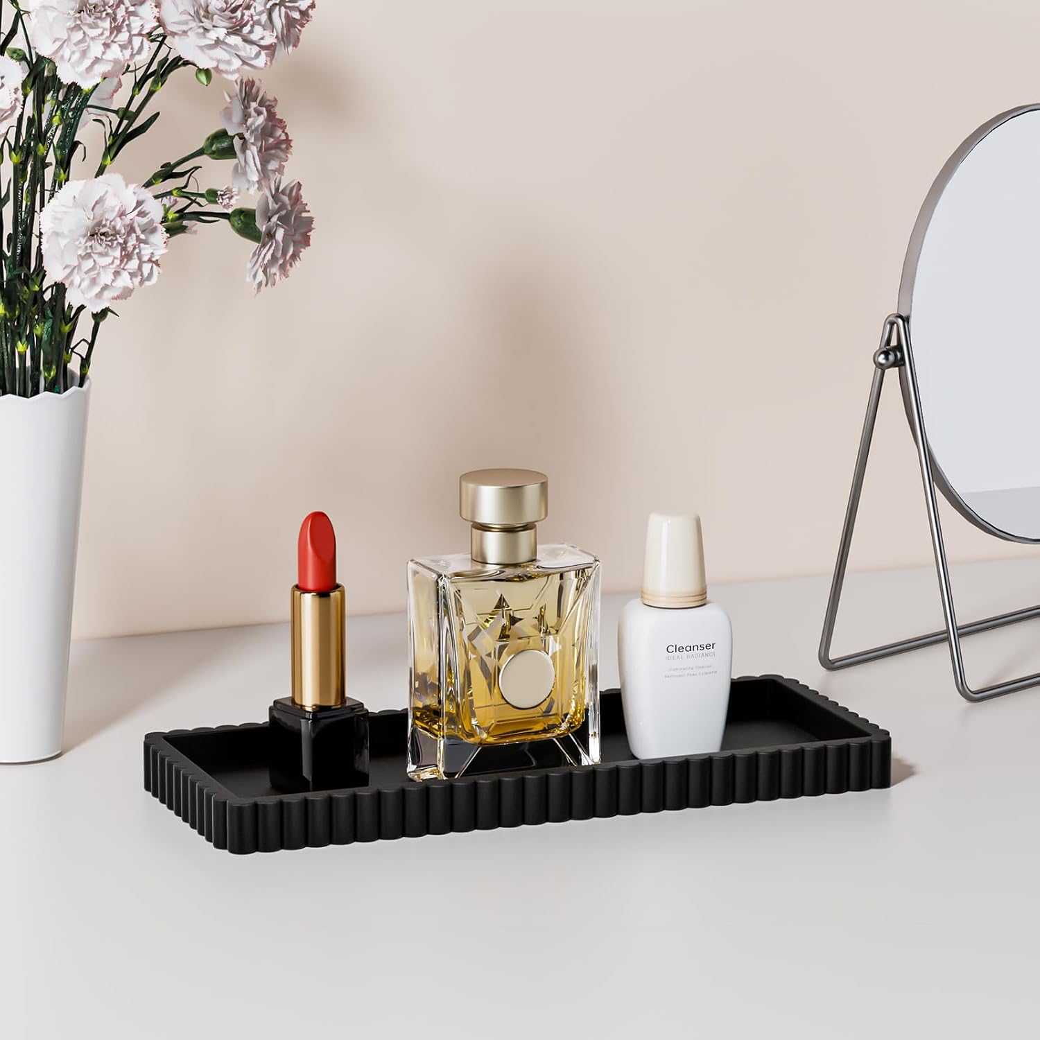 Scalloped Edged Small Silicone Rectangle Bathroom Counter Tray 9.3"x4.3" | Decorative Sink Vanity Holder Organizer for Perfume Lotion Candle, Countertop Tray for Soap Dispenser Kitchen, Black