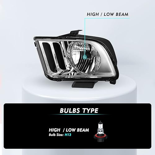 Miniatura 2 de Juego de faros delanteros para Ford Mustang 2005-2009 para el lado del pasajero y del conductor (carcasa cromada con reflector transparente)