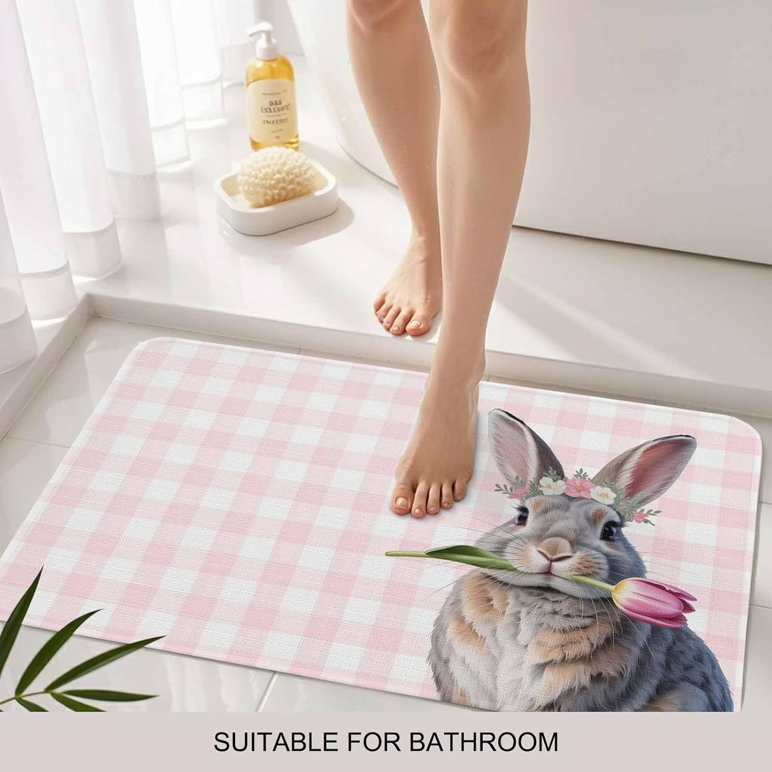 Easter Door Mat Floral Bunny Doormat Rabbit Pink Buffalo Plaid Welcome Mat Non Slip Rubber Entryway Front Rug Floor Mat for Indoor Outdoor Kitchen Spring Holiday Home Decor Gifts 18x30 Inch