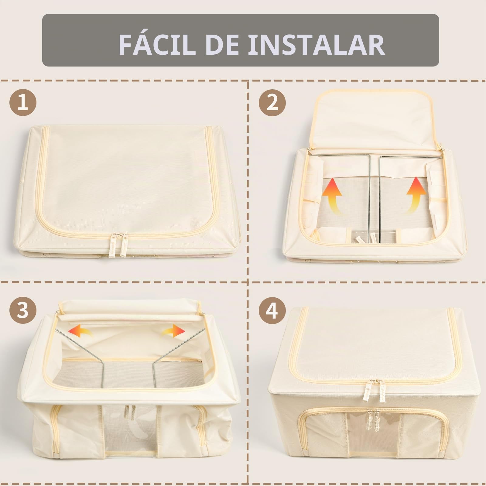 GoMaihe 3 Piezas Cajas Almacenaje Ropa - Material de tela Oxford Bolsas Para Guardar Ropa Plegable con Asa Reforzada y Ventanas Transparentes Adecuado para el almacenamiento diario de ropa (24L Beige)
