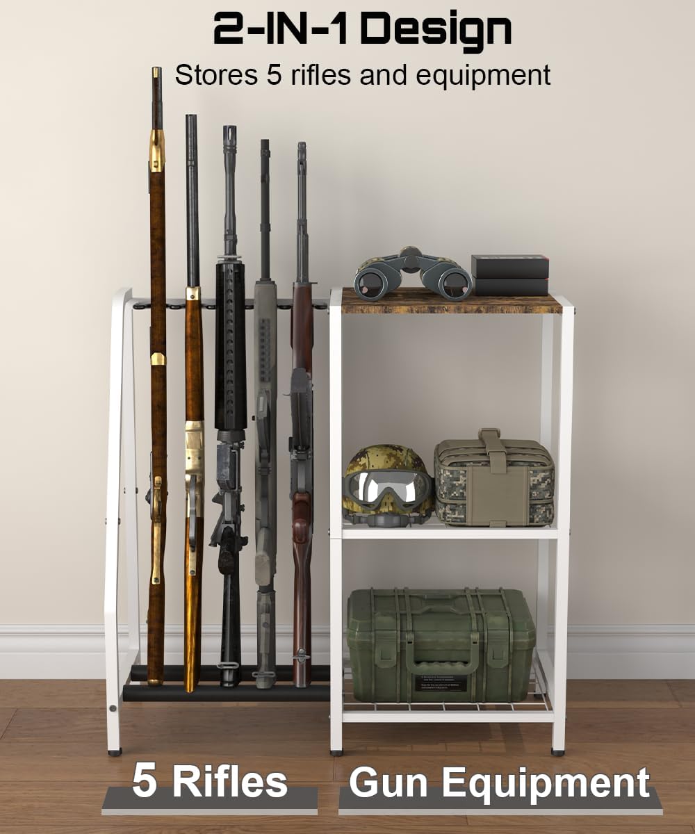 Gun Rack Stand, Hold up to 11 Long Guns and 8 Handguns, Floor Standing Rifle Stand Gun Storage Solutions Shelf, Hold up to 5 Long Guns and Gun Accessories, Black and White