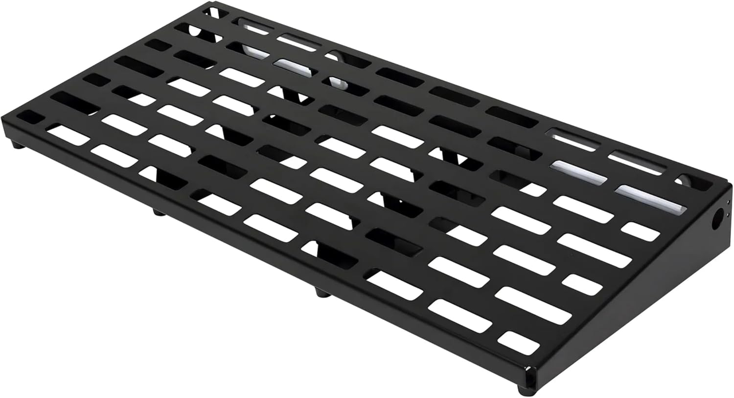 zorony view of the RockBoard QUAD 4.4 pedalboard, showing the underside and slots for cable routing.