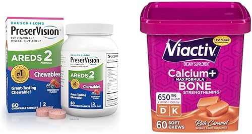 Miniatura 1 de PreserVision AREDS 2 Suplemento de vitaminas y minerales para ojos y Viactiv Calcio+Vitamina D3 Suplemento Masticables suaves, caramelo, 60