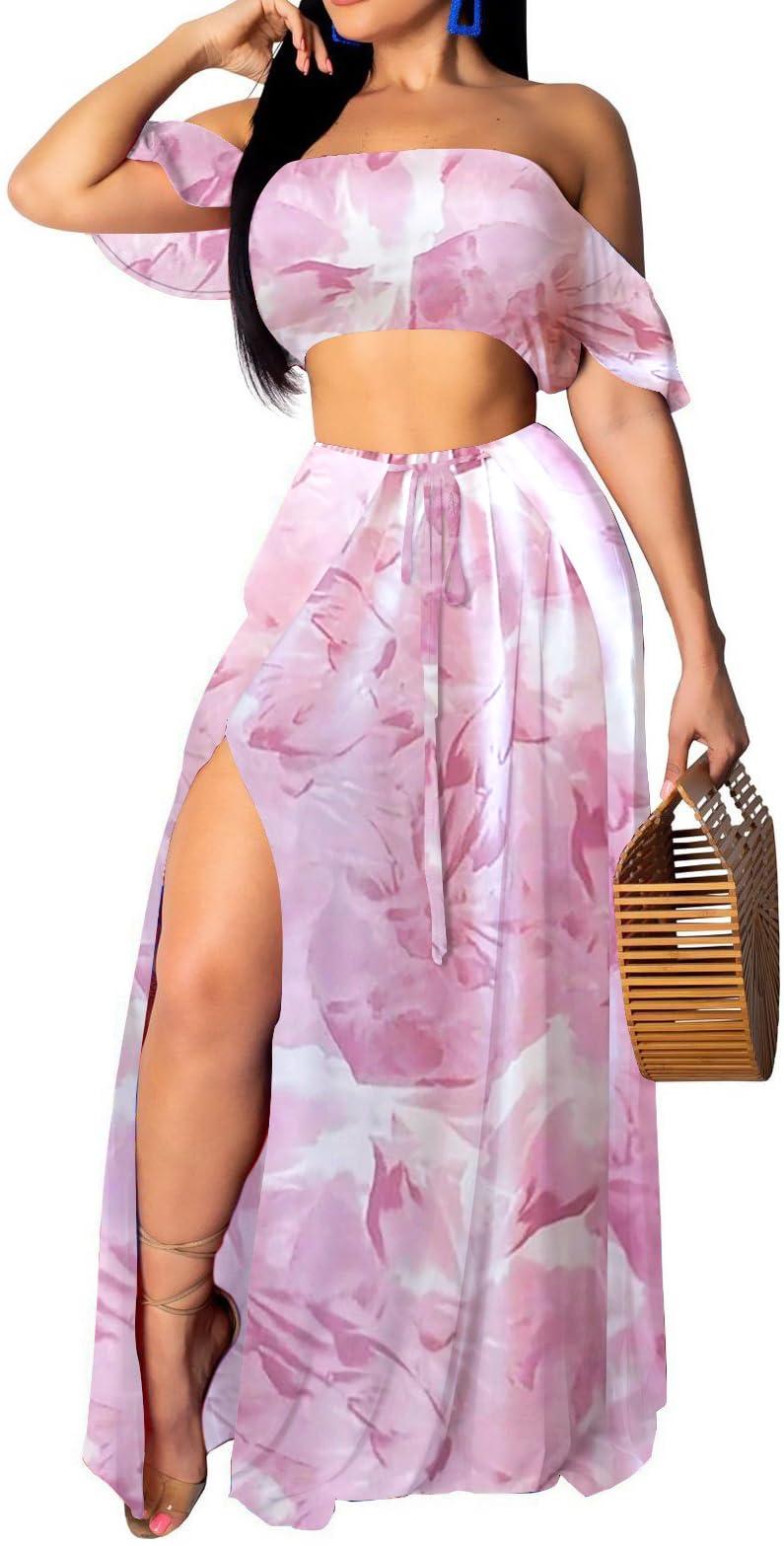 SxClub Women's Beach Dress 2 Piece Off Shoulder Top Long Maxi Skirt Sets