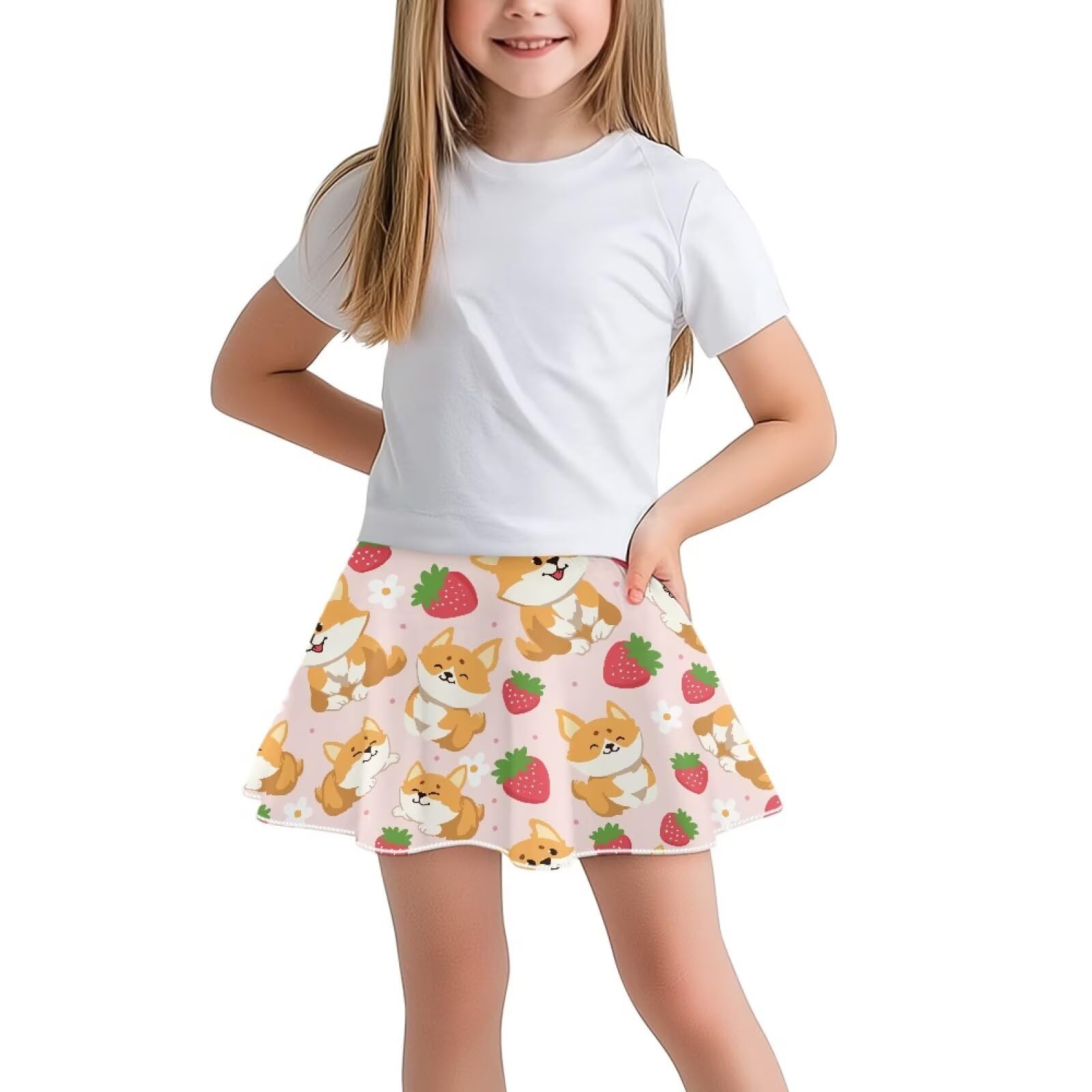 Yruonazao Girls' Skirts & Skorts Strawberry Corgi Tennis Skirt for Girls 7-8 Elastic High Waist Uniform Skorts Streamlined Pleated Design Suitable for Volleyball Dance Running Other Sports
