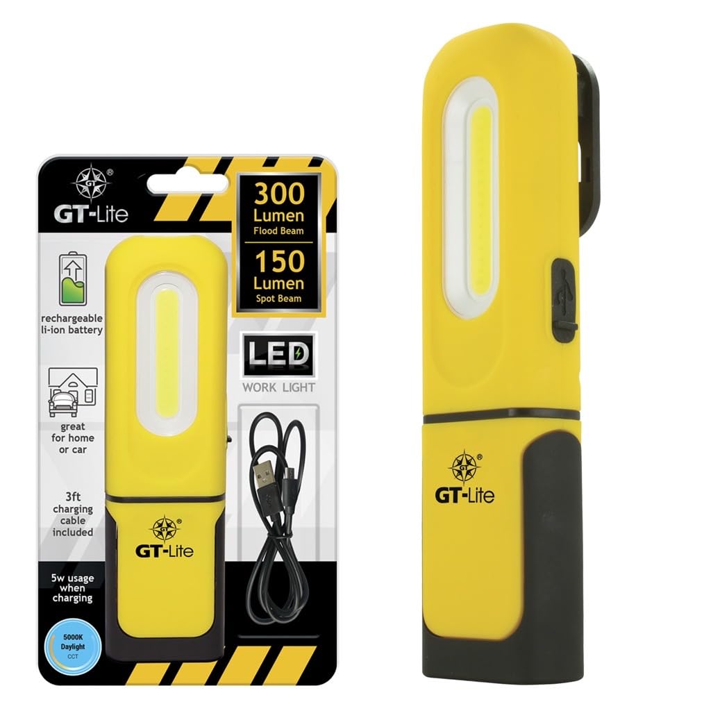 GT-Lite LED Rechargeable Work Light - 300 Lumen Flashlight, 6ft Cable, Hanging Hook, Magnetic Base, Kickstand, 3 Settings: High/Low/Flash, Emergency & Camping Light