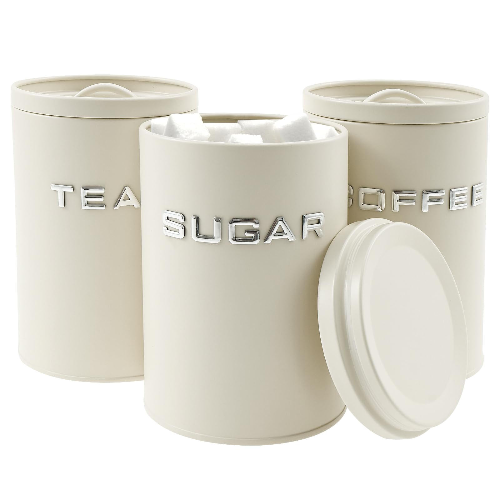 Kuanght White Tea Coffee Sugar Canisters Set With Lids 11 × 11 × 16.2 Cm 3 Pcs Kitchen Canister For Dried Fruits Candies Spices And Grains, Airtight Biscuit Container(White)