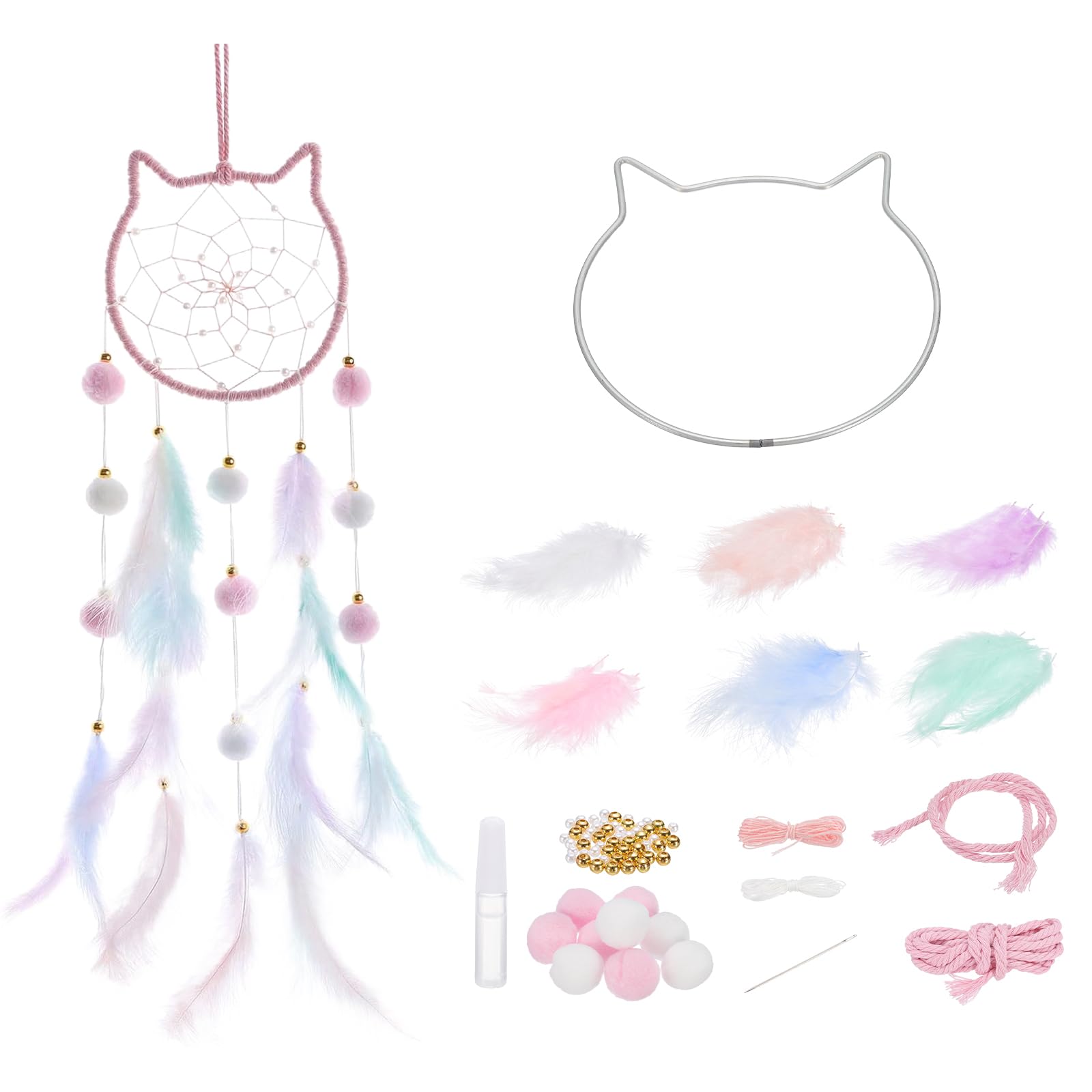 PATIKIL Attrape-Rêves DIY, Kit de Fabrication de Chat Attrape-Rêves Fait à la Main avec Plumes, Pompons et Perles pour Décoration Murale, Artisanat d'Ornement, Rose