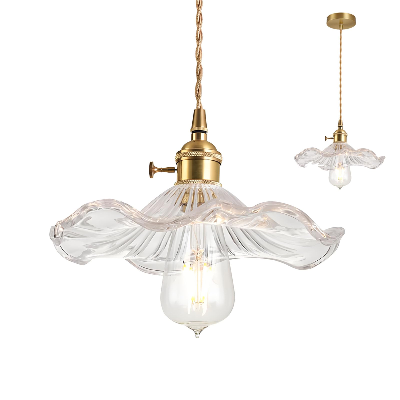 EKSED Lampe à suspension en verre vert Douille en laiton doré avec interrupteur, plafonnier suspendu pour îlot de cuisine (Effacer)