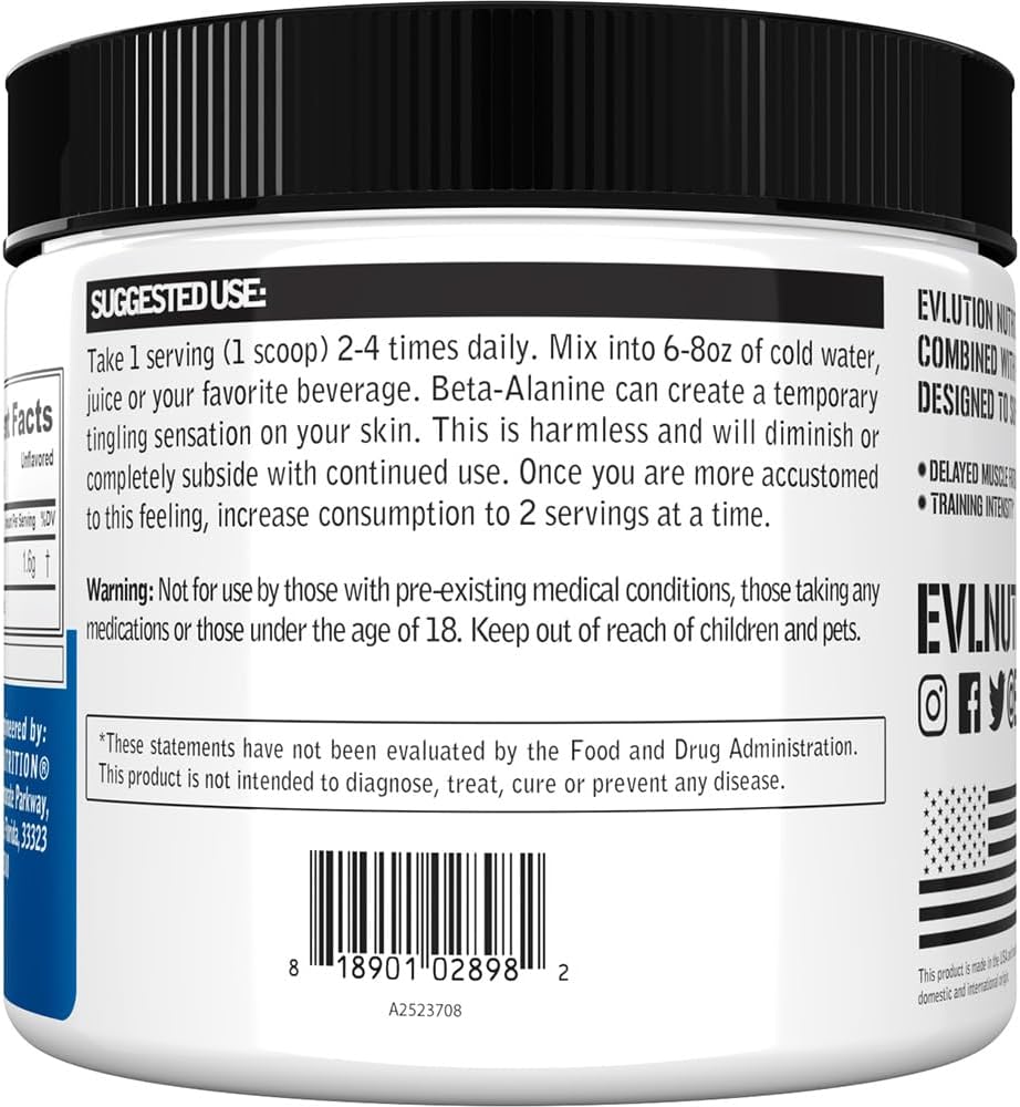 Evlution Nutrition Beta-Alanine - Supports Muscle Endurance, Intense Training & Strength - 1.6g Pure Beta-Alanine Per Serving - Recovery - Dietary Supplement - Unflavored Powder - 125 Servings - Image 4