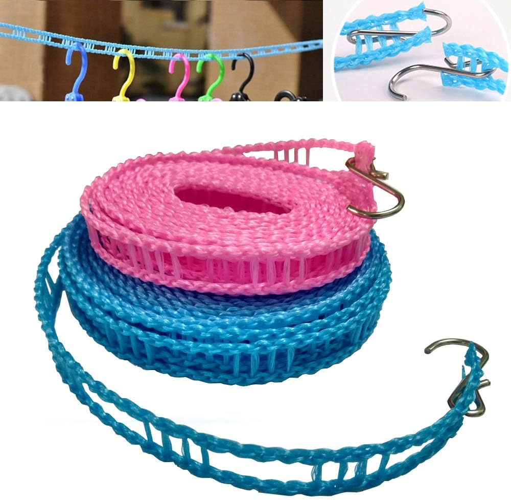 2 Pack Nylon Clothesline Windproof Clothes Drying Rope Travel Clothes Line Portable Laundry Line Hanger Rope for Indoor Outdoor Camping Home Hotel Random Color (Pack of 2 Clothesline(3m & 5m))