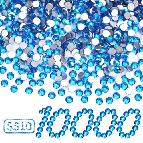 Image of 10000PCS Capri Blue Rhinestones Bulk, Flat Back Crystal Glass Stone Round Gems,SS10, 2.7-2.9mm