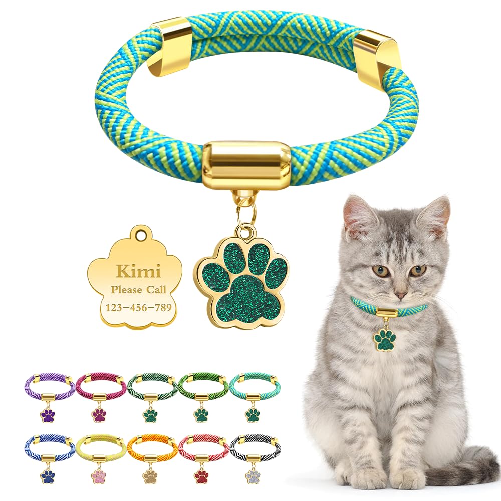 Personalized Breakaway Cat Collars with Magnetic Quick Release Buckle, Custom Engraved Name Tag for Cats (Stripe Teal)