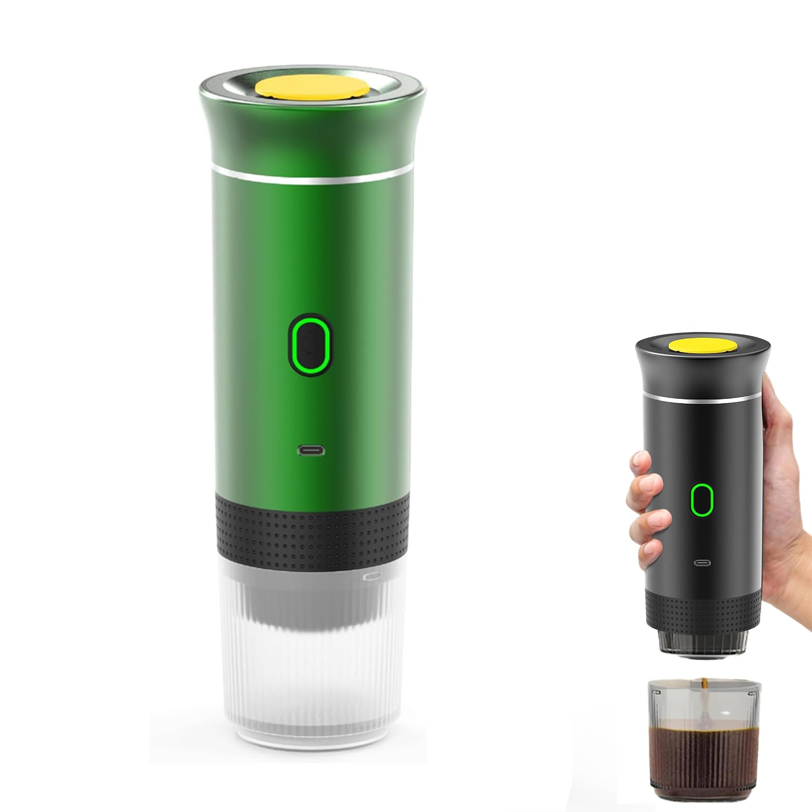 Eznaobo Máquina de café portátil, 3 en 1 cafetera espresso eléctrica portátil, 12 V espresso cafetera recargable, para oficina, viaje, casa, compatible con cápsulas K-Cup y café molido (green)