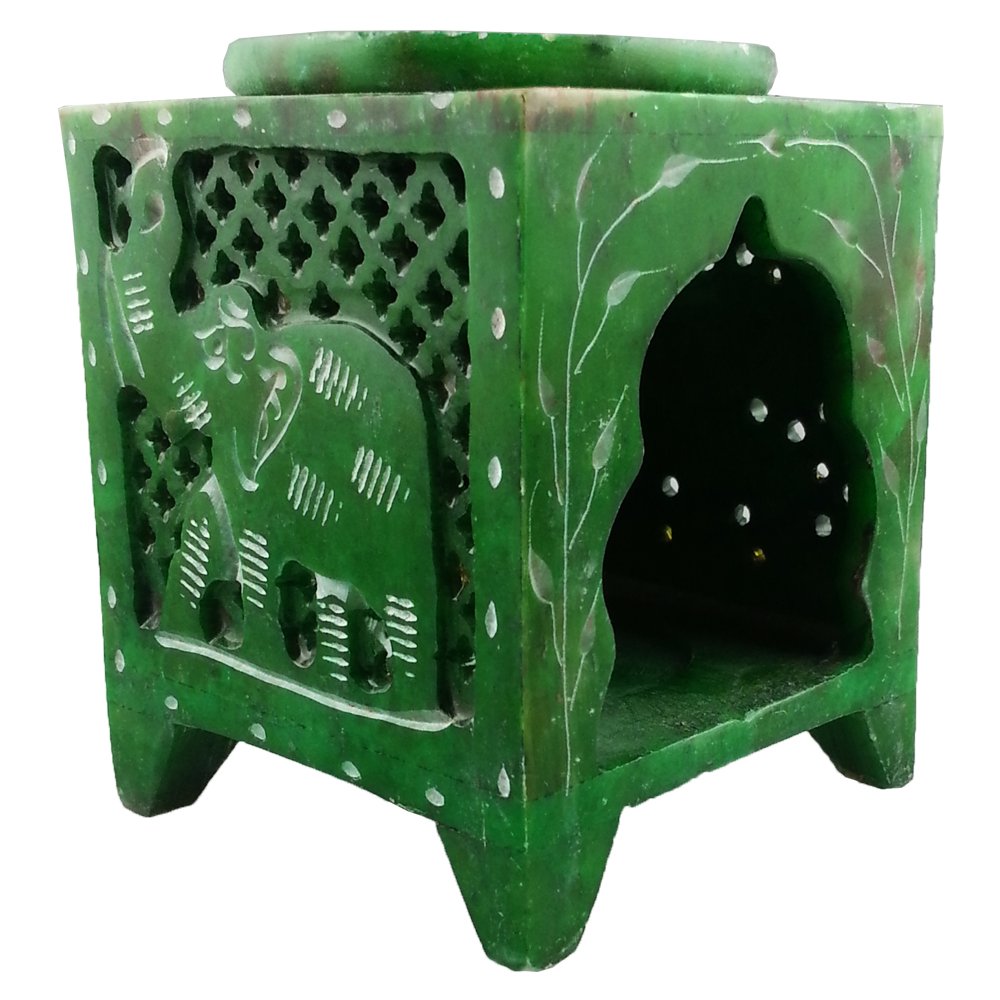 Green Elephant Square Jali Soapstone Essential Oil Burner/Aromatherapy Oil Burner - Small