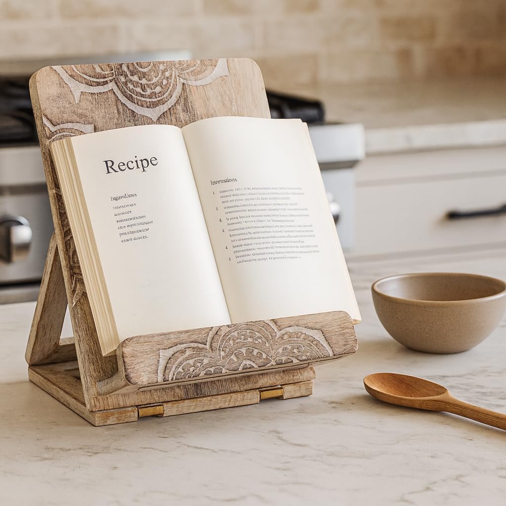 Wedding Gifts Mandala Wooden Cookbook Stand for Kitchen Counter Recipe Book Holder for Cooking, Solid Wood Chopping Board Style Foldable and Durable Recipe Holder for Tablets and Cookbooks