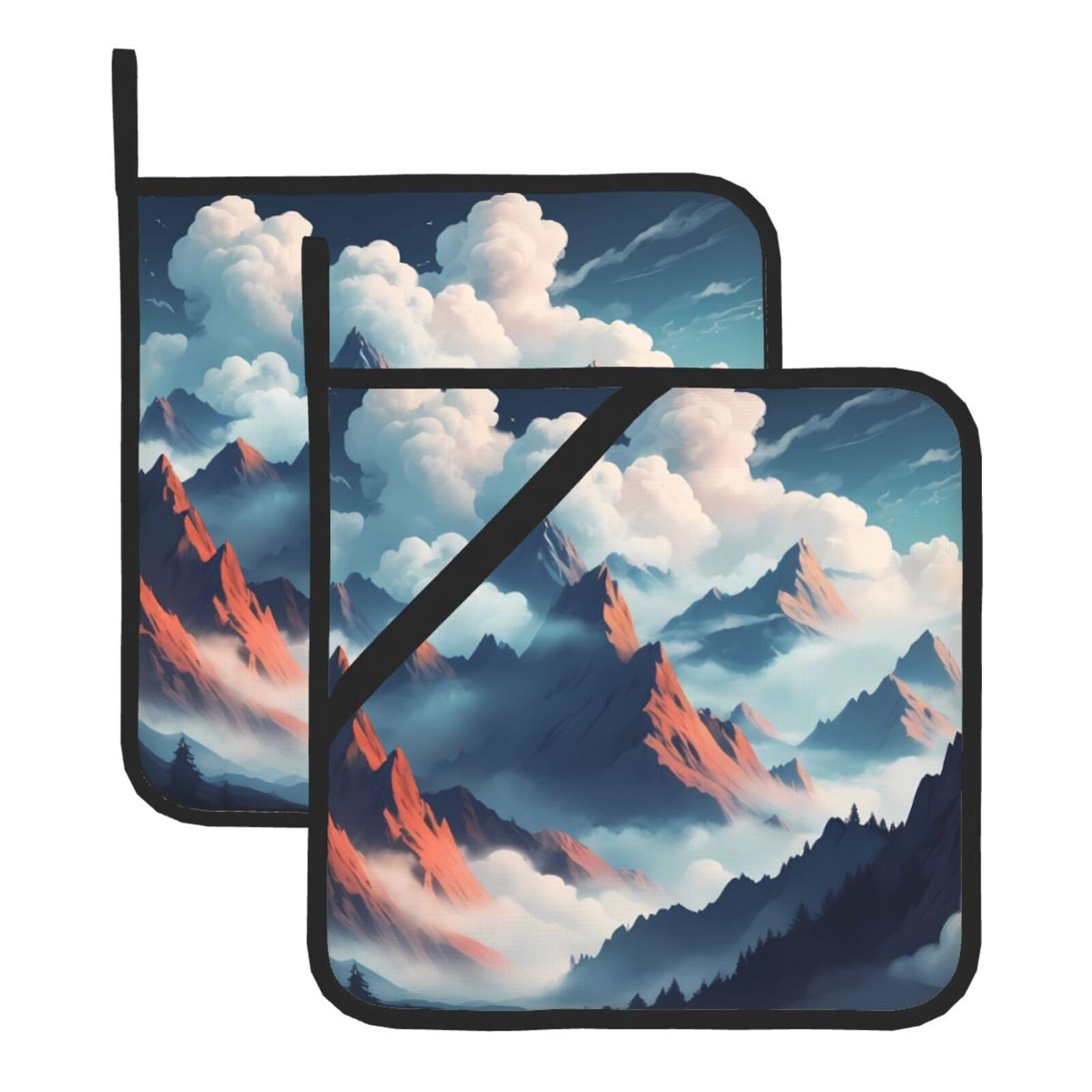 HJFCZH Mountains in The Clouds Printed Square Insulated Pot Mat Set (2-Piece) 8x8in Waterproof, Thickened & Easy to Clean with Lanyard Design for Kitchen, Oven & BBQ