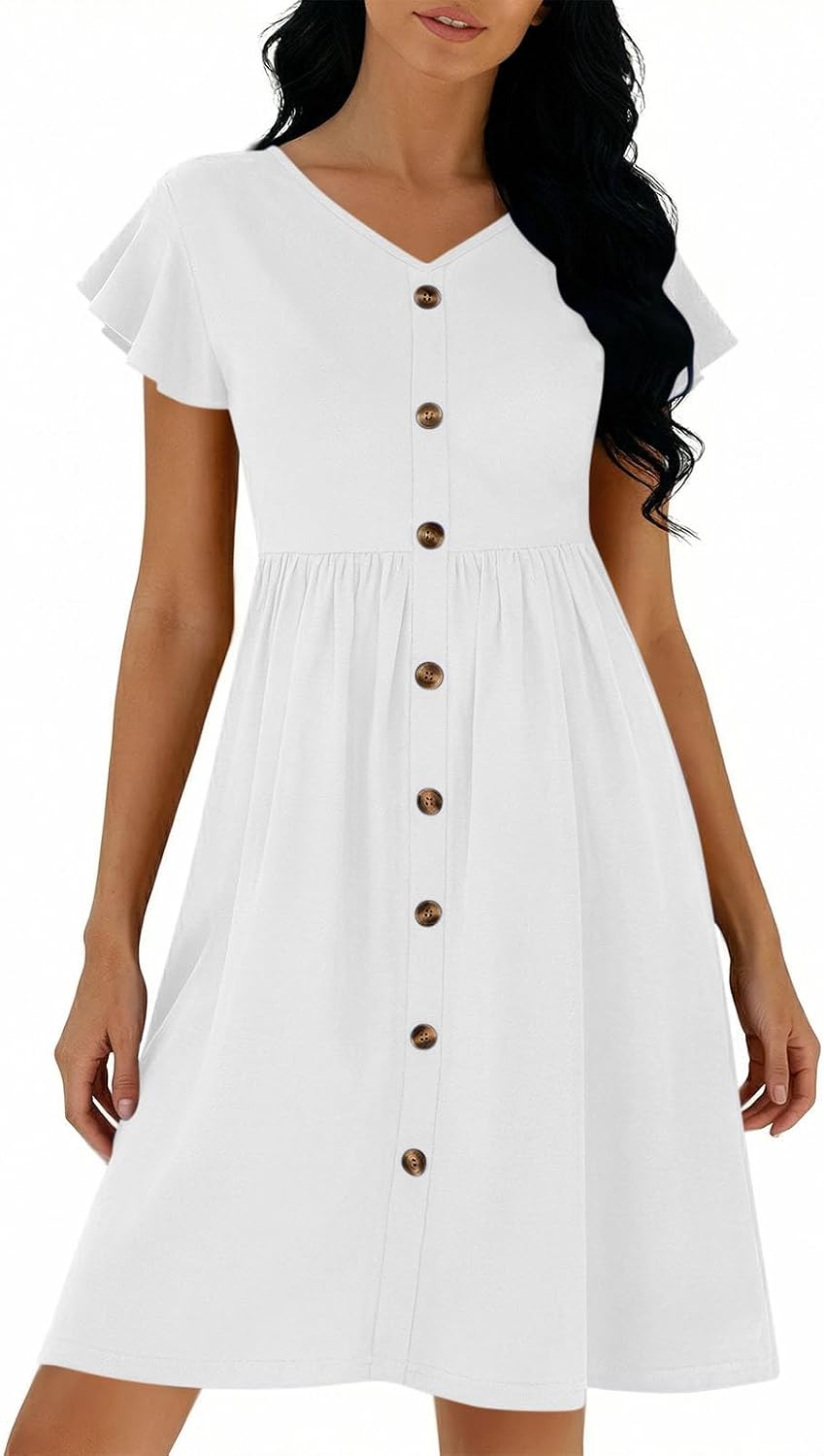 Black Casual Dress Fore Women:Fashion V-Neck Button Down Ruffle Sleeve Midi Dresses Hiking Wedding Party Dressy