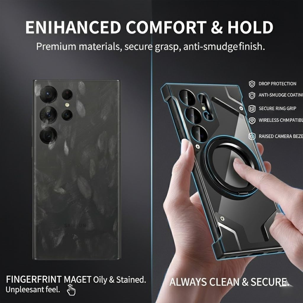 Custodia Magnetica in Alluminio Senza Bordo per Samsung Galaxy S25/S24/S23/S22 Ultra, [Compatibile con MagSafe] Anello Supporto 360°, Bumper Metallo Blocco a Vite, Cover Slim Open(Black,S23 Ultra)