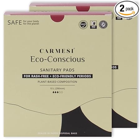 Carmesi Eco-Conscious Sanitary Pads - 20 Pads (Large) - Rash-Free Periods - Eco-Friendly Plant Composition - Paper Packaging with No Plastic - No Fragrance, No Chlorine