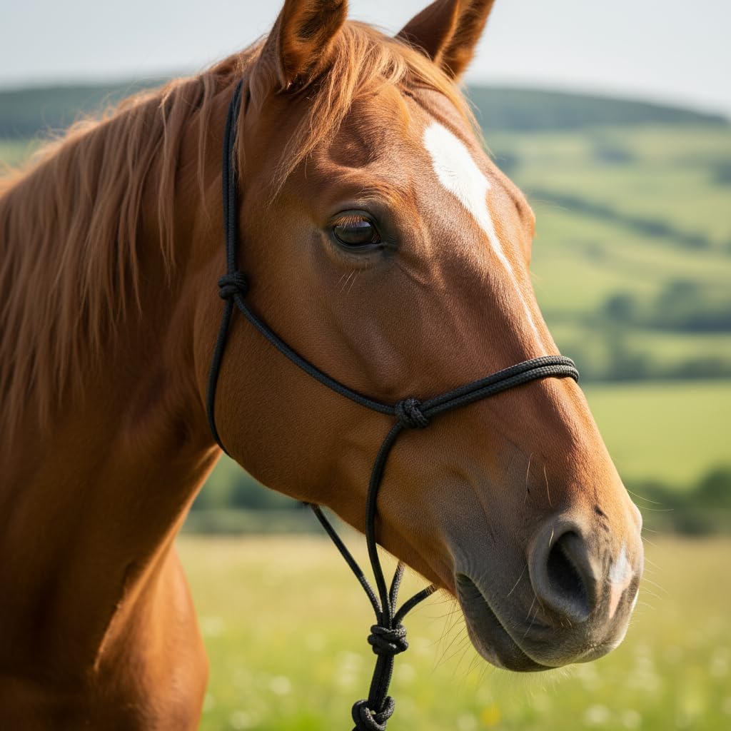 Rope Horse Halter, Braided Training Halter with Hand-Knotted Design, Multiple Sizes for Yearling, Small, Mule & Standard Horses, Lightweight Metal-Free Control Halter