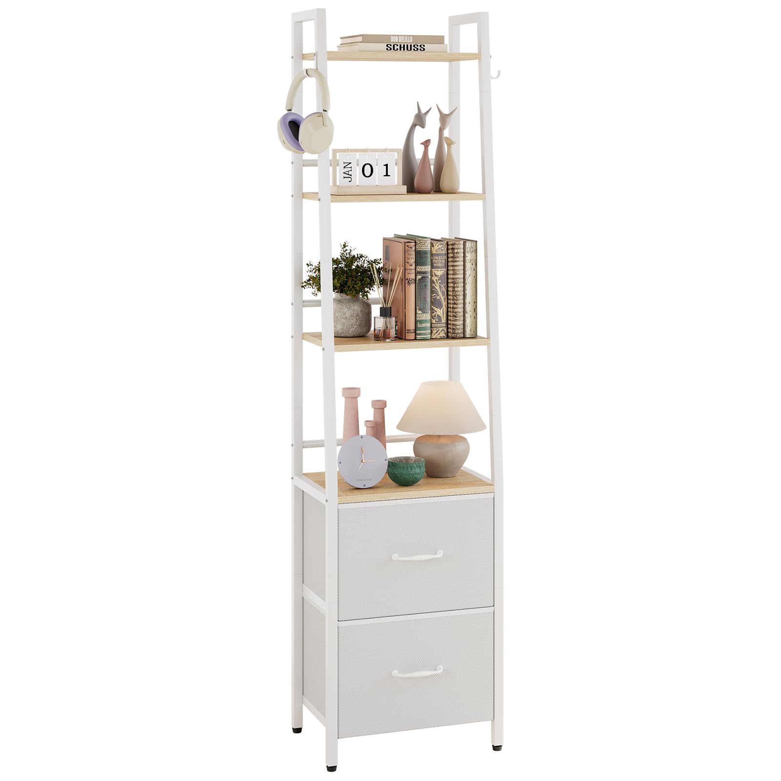 YMYNY 6 Tier Ladder Bookshelf, Height 170CM Bookcase with 2 Fabric Drawers and Hooks, Corner Display Storage Unit, for Office, Bedroom, Living Room, White and Natural HBC008R
