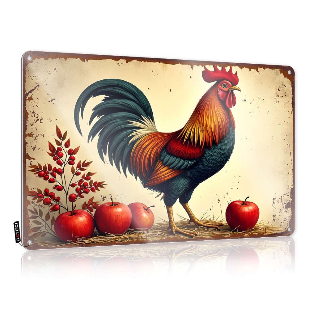 Fzfn Colour Farmhouse Signs Retro Kitchen Decor Vintage Style | A Rooster Stands Proudly Amidst Apples And Berries Sarcastic Decor Home Decor(30X40cm)