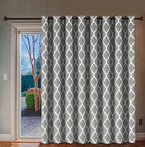 H.VERSAILTEX Extra Wide Blackout Curtain 100x84 Inches Thermal Insulated Curtain for Sliding Glass Door -Grommet Top Patio Door Curtain - Moroccan Tile Quatrefoil Pattern, Dove and White