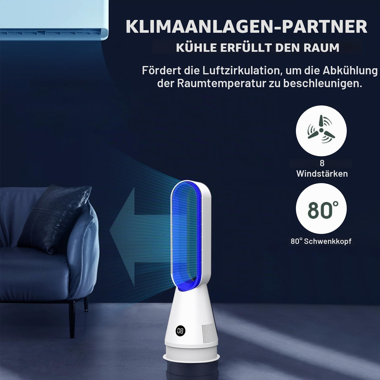 Rotorloser Ventilator,Turmventilator sehr leise & Luftreiniger,mit Fernbedienung, 8 Geschwindigkeiten,90° Oszillation, 9h Timer,oszillierender Raumkühler für Schlafzimmer, Büro (Weiß-Blau)