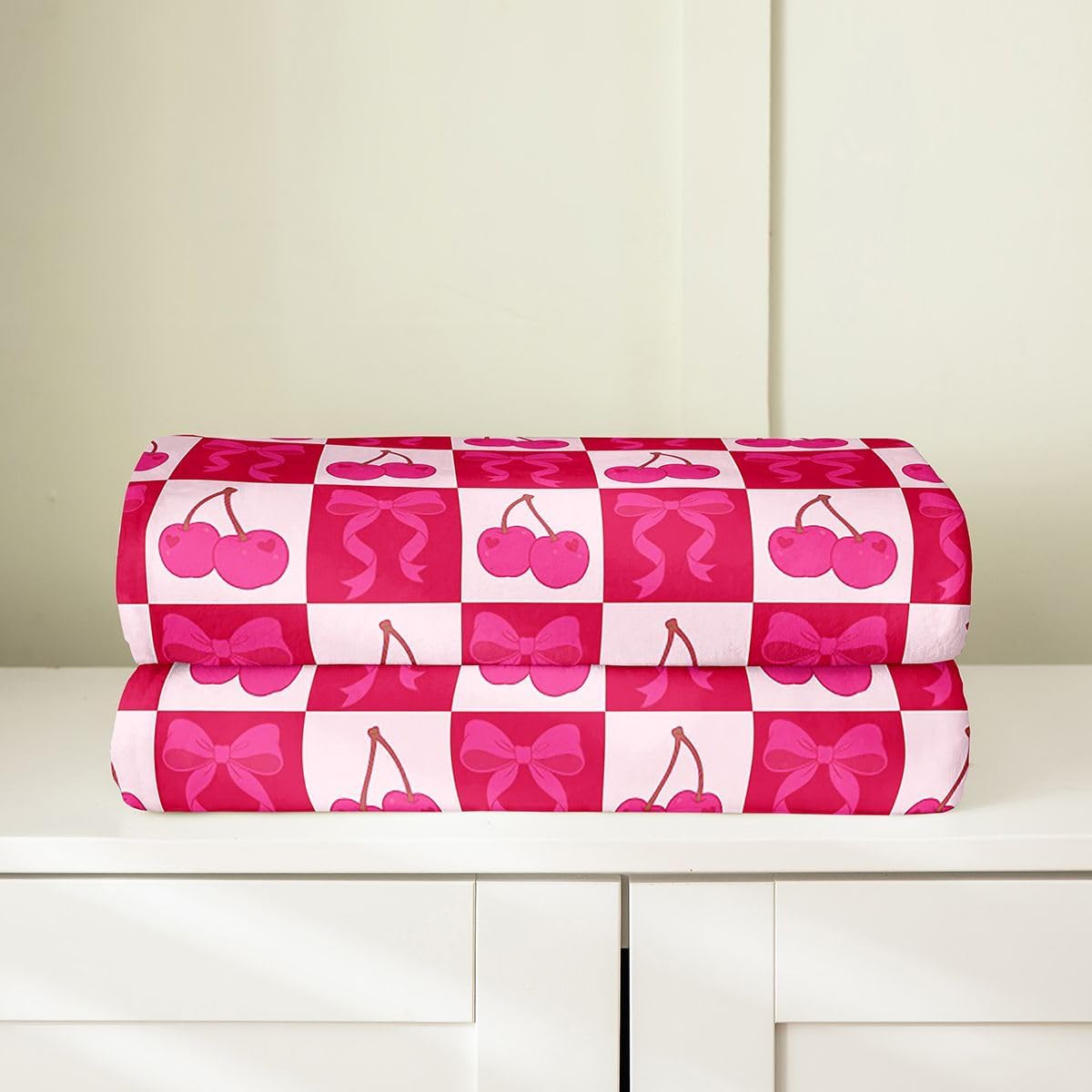 Cute Bowknot Cherry Fleece Throw Blanket Baby 30"x40" Kids Coquette Bow Flannel Blanket Plush Fuzzy for Boys Girls Teens Hot pink Bow for Bed Couch Chair Living Room Microfiber Buffalo Checkered