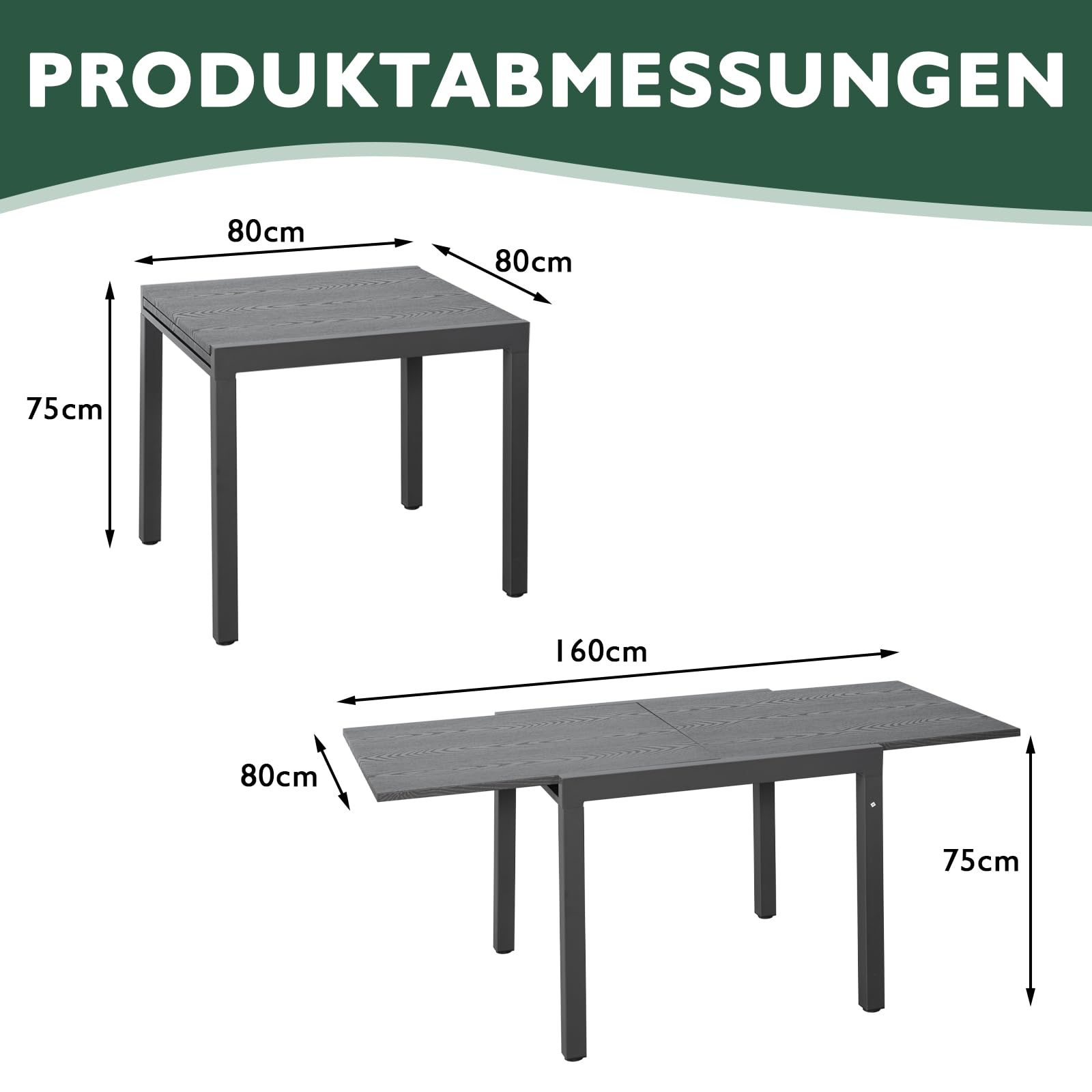 Angel Living Gartentisch Ausziehbar,80/160 x 75cm Esstisch Aluminium Balkon Ausziehtisc für 4-6 Personen, Gartentisch Wetterfest Ausziehbar auf 160cm für Outdoor Partytisch Balkontisch Dunkelgrau