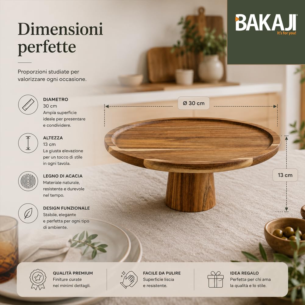BAKAJI Alzatina per Dolci in Legno di Acacia Design Minimal, Vassoio da Portata Versatile Ideale sia per Torte che Aperitivi, Accessorio da Tavola per Bar, Casa, Ristorante, 30 x 13 cm