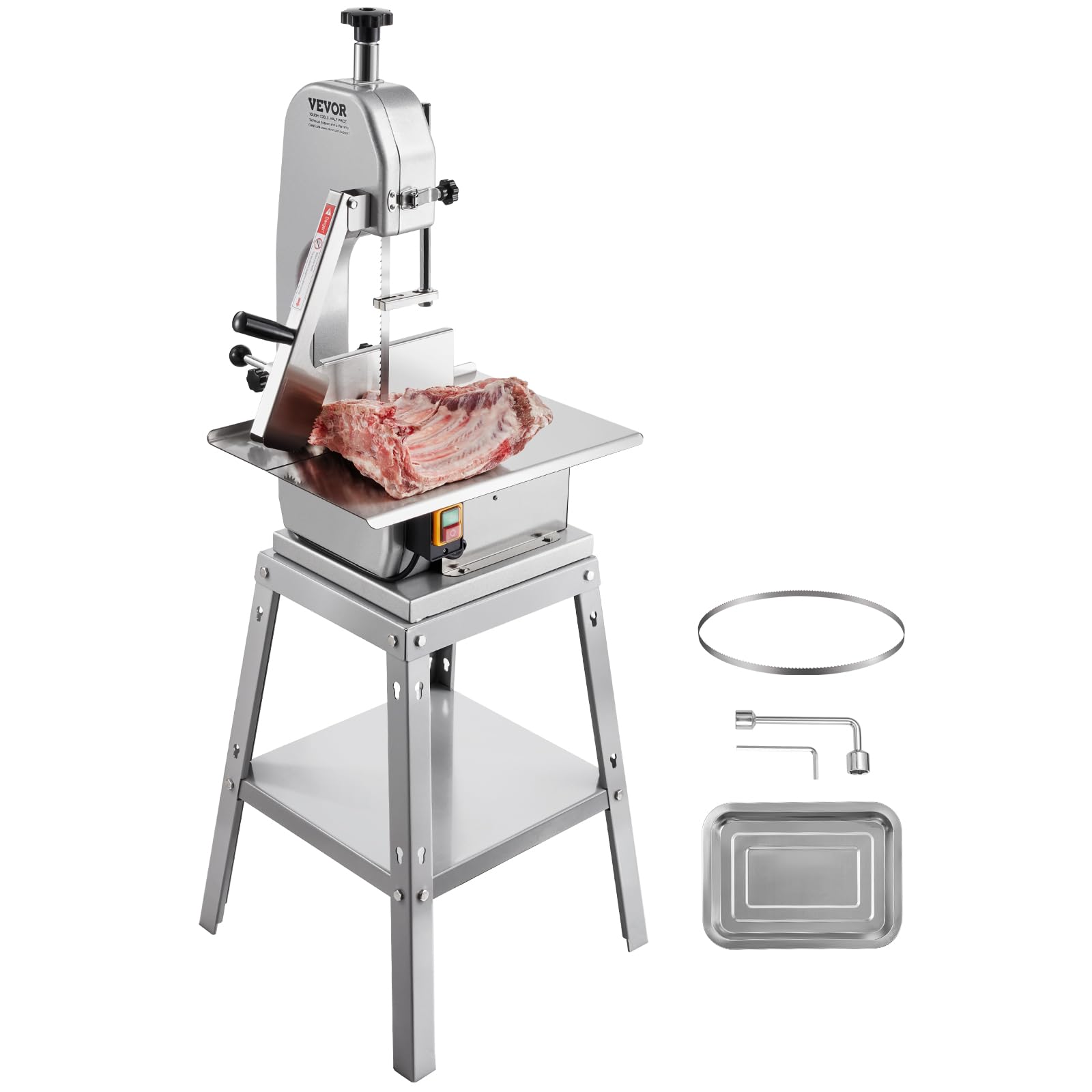VEVOR kommerzielle elektrische Fleischbandsäge Knochenschneidemaschine, 850 W vertikale Knochensäge, 380 x 485 mm Werkbank, Gefrierfleischschneider mit 5 Klingen für Rippchen, Schweinefleisch