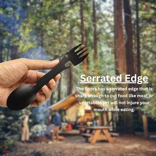 Miniatura 6 de Fadra co - Cuchara de tenedor multifuncional 5 en 1, tenedor de acero inoxidable, tenedor y cuchillo, abrelatas y botellas, pelador y bolsa.