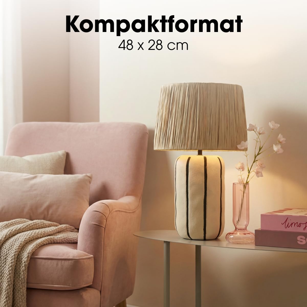 MICA Decorations Denton Tischlampe Wohnzimmer - Lampe mit Lampenschirm - Lampe Wohnzimmer Deko - 48 x ⌀28 cm - Keramik, Metall, Papier - Beige