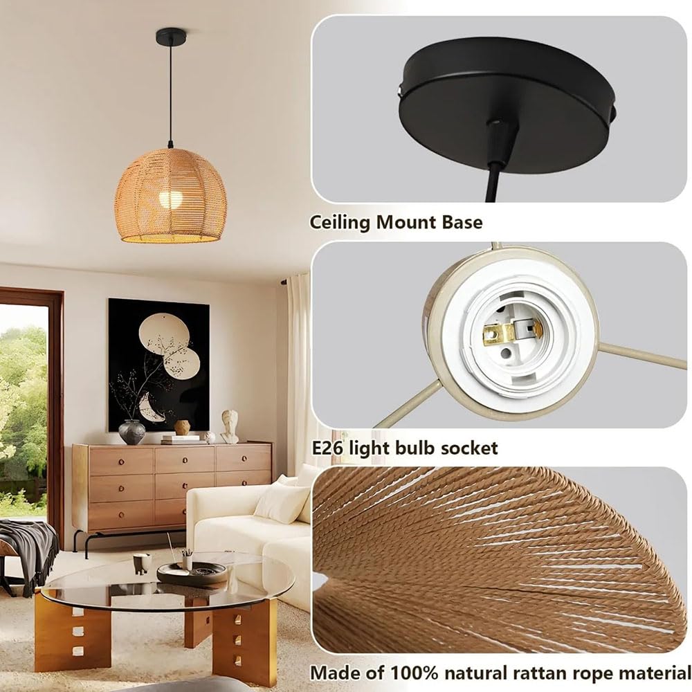 Lampa Wisząca Boho 11,81 Cala, Ręcznie Tkana Naturalna Lampa Wisząca Z Wikliny, Lampa Sufitowa W Stylu Vintage Do Sypialni, Salonu, Kuchni, Wyspa, Żyrandol Z Liną Papierową, Oprawa Rattanowa