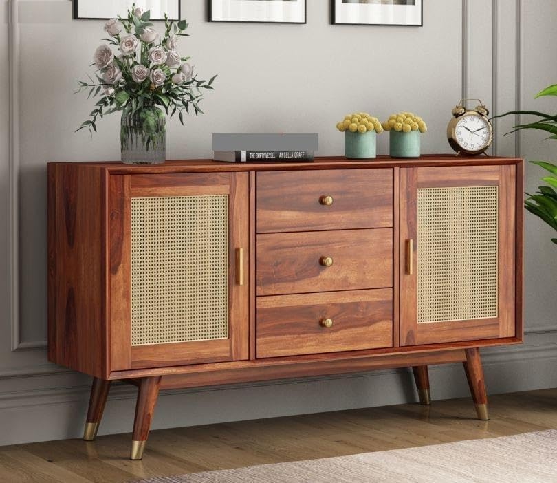 Image of Sideboard Cabinet for Living Room | Solid Wood 2 Doors & 3 Drawers with Storage | Drawing Room, Office & Lounge (Natural Finish)