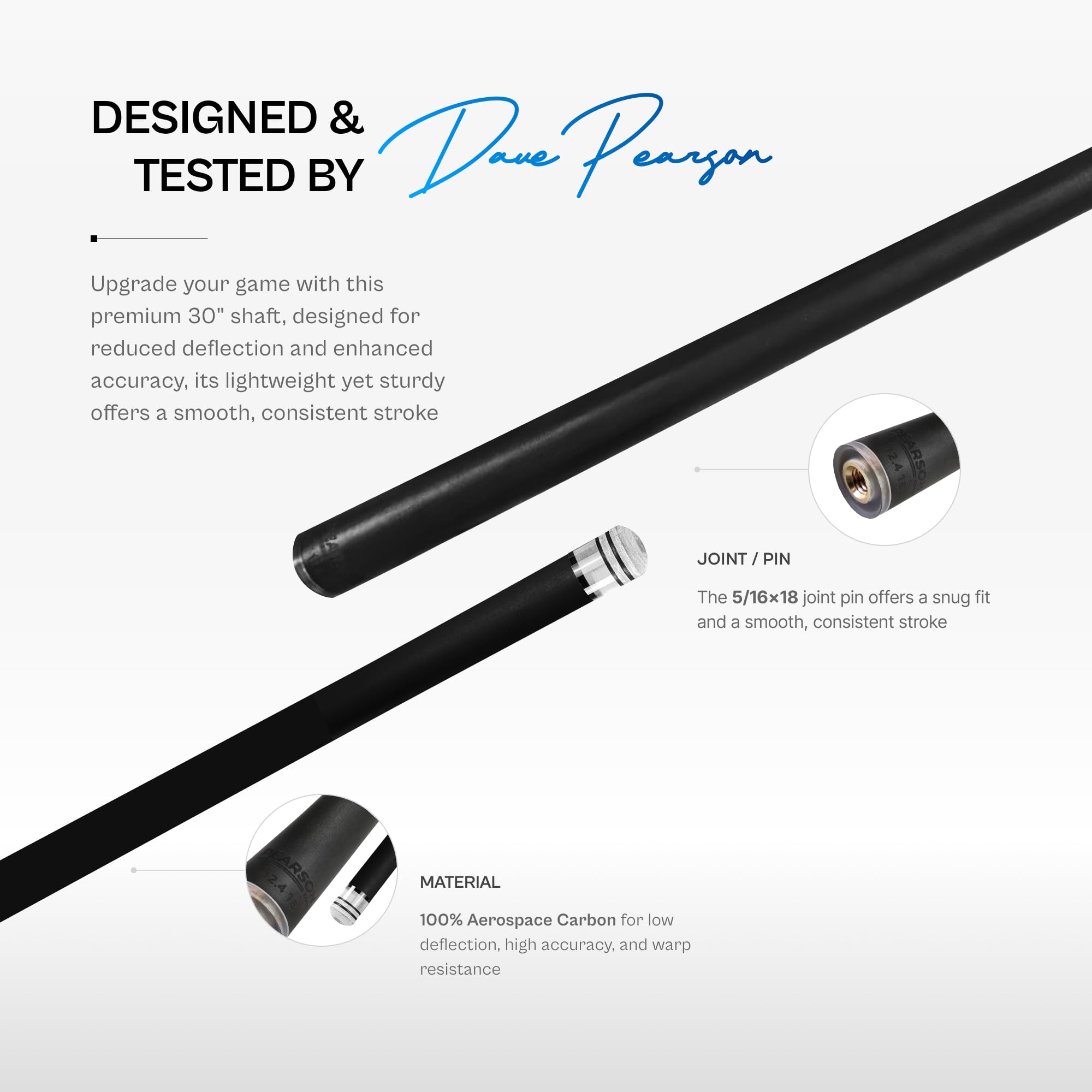 PEARSON Carbon Clear 2 Shaft – 30” Carbon Fiber Low Deflection Pool Cue Shaft with Clear Ferrule & Assassin Tip – 11.8mm or 12.4mm – Fits Meucci Joint Types – Pro Billiards Accessory Upgrade