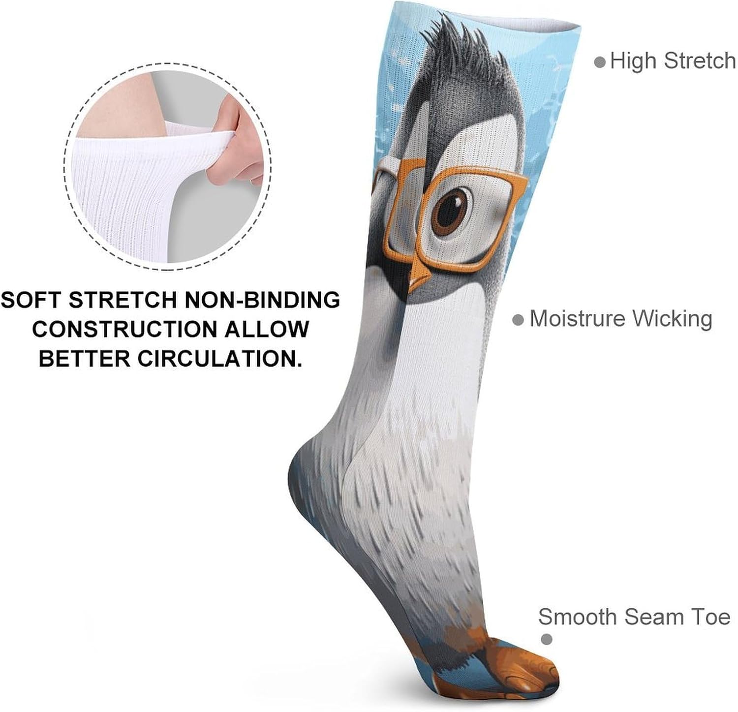 Penguin with Glasses Knee High Socks Cozy Knee High Socks Soft Mid-Length Sock for All Seasons Daily Wear Adult